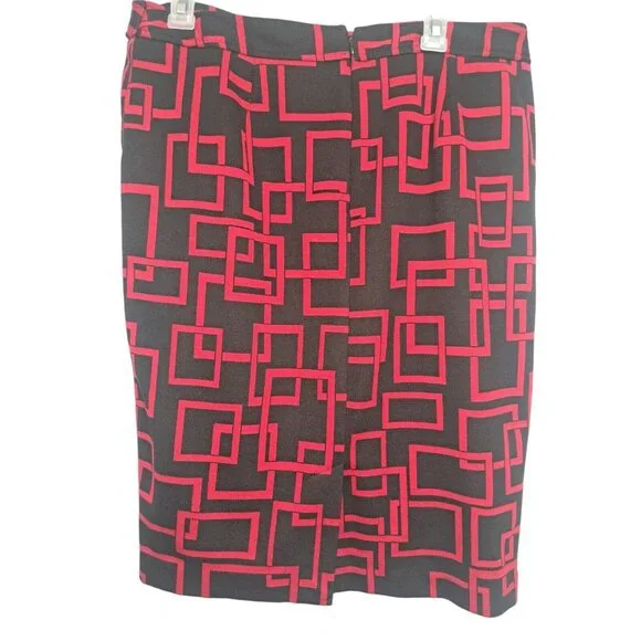 Black Red Pencil Skirt Abstract Midi Mod Front Buttons Pockets Size 14 Stretch - Picture 2 of 3